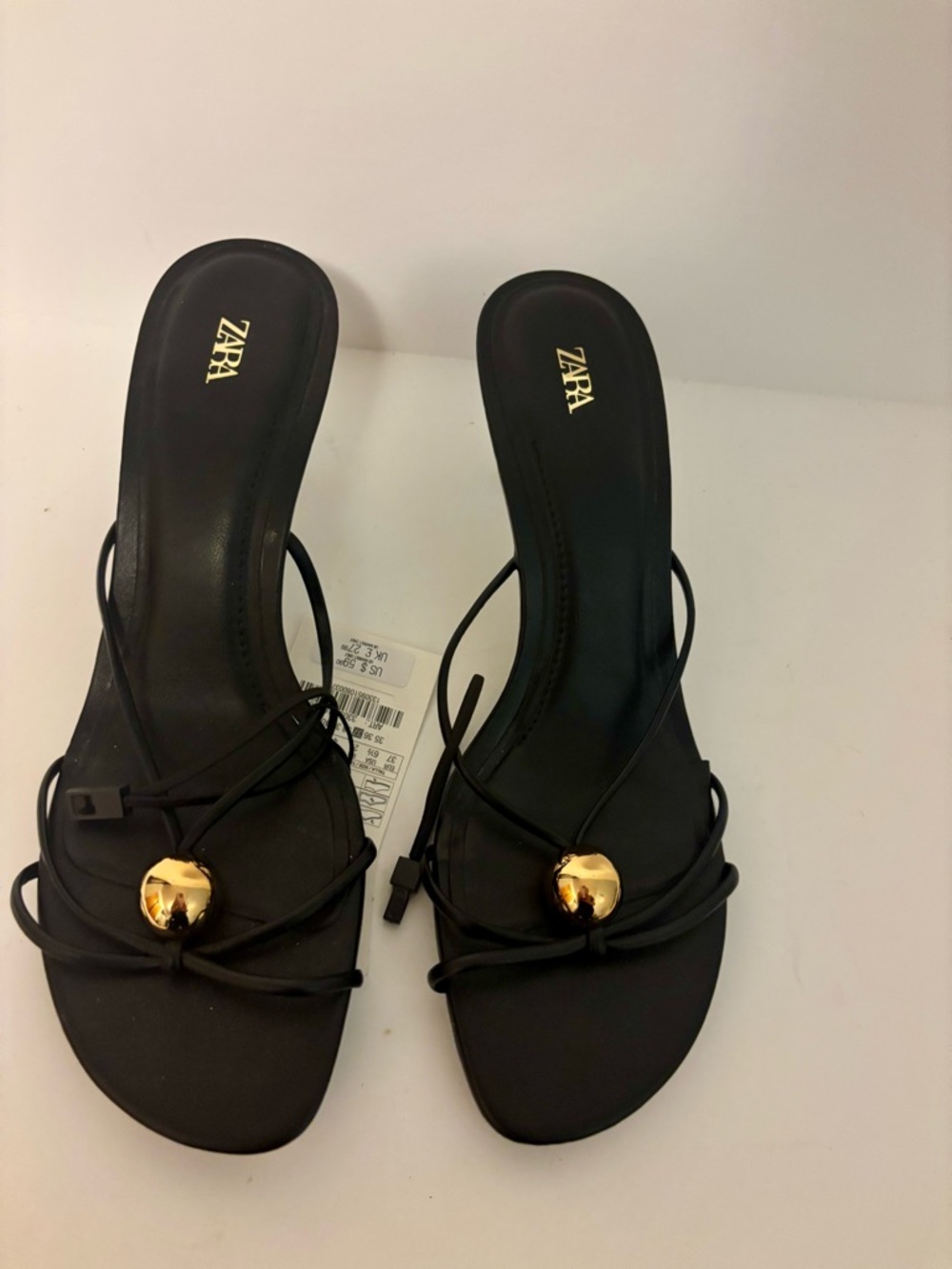 Zara Black Strappy Heeled Sandals with Gold Accent